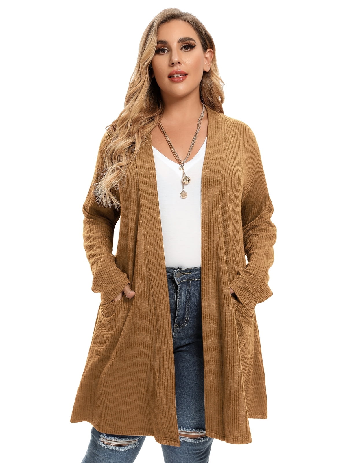 LARACE Knit Cardigan for Women Long Sleeve Open Front Cardigan Sweaters for Fall Office Wear Brown 2X